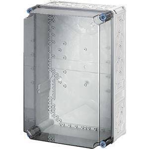 Ein transparantes rechteckiges Kunststoffgehäuse mit perforierter Rückseite und abgerundeten Ecken, entworfen für elektrische oder elektronische Komponenten.