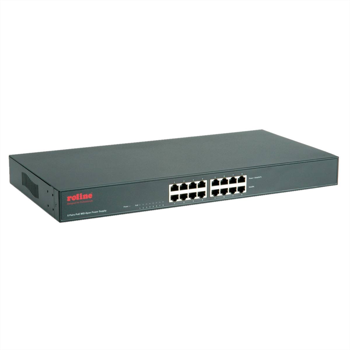 ROLINE 19-Zoll Fast Ethernet PoE Mid-Span Injektor, 8 Ports PoE Adapter PoE-Injektor