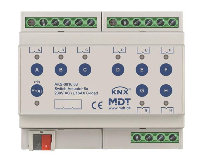 MDT AKS-0816.03 Schaltaktor 8fach 6TE REG 16A 230VAC C-Last Standard Install.Baumaterial KNX