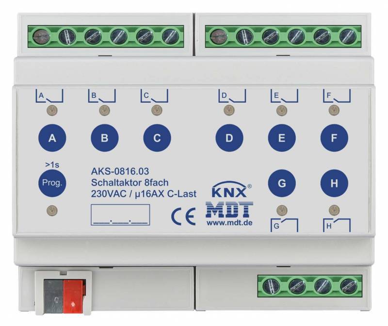 MDT AKS-0816.03 Schaltaktor 8fach 6TE REG 16A 230VAC C-Last Standard Install.Baumaterial KNX