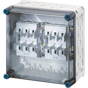 Ein transparentes elektrisches Verteilerkastens mit mehreren weißen Schaltermodulen im Inneren, mit blauen Eckenakzenten.