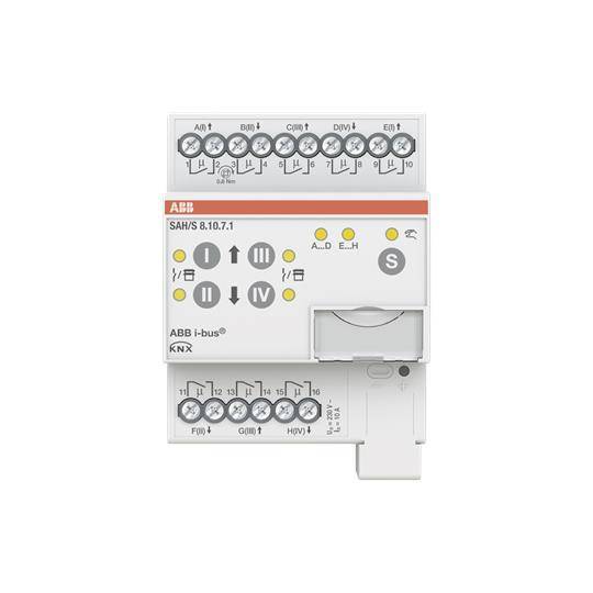 ABB i-bus KNX Schaltaktor mit 8 Kanälen, Modell SAH/S 8.10.7.1, mit verschiedenen Anschlussanschlüssen und Kontrollleuchten.
