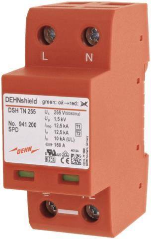 Ein rotes DEHNshield-Überspannungsschutzgerät, Modell DSH TN 255, das technische Spezifikationen und Zertifizierungen auf seinem Frontlabel zeigt.