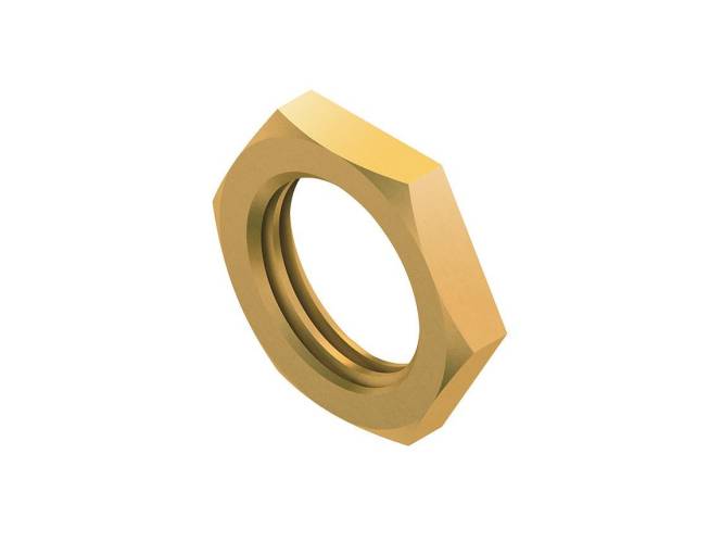 Eine sechskantige Messingmutter mit Gewinde, die als Befestigungselement in mechanischen und architektonischen Anwendungen verwendet wird.