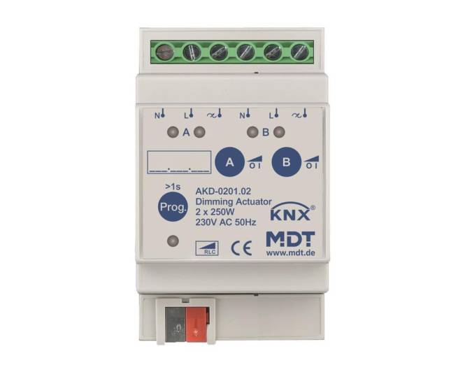 MDT AKD-0201.02 Dimmaktor 2fach 4TE REG 250W 230VAC m.Wirkleistungsmessung Install.Baumaterial KNX