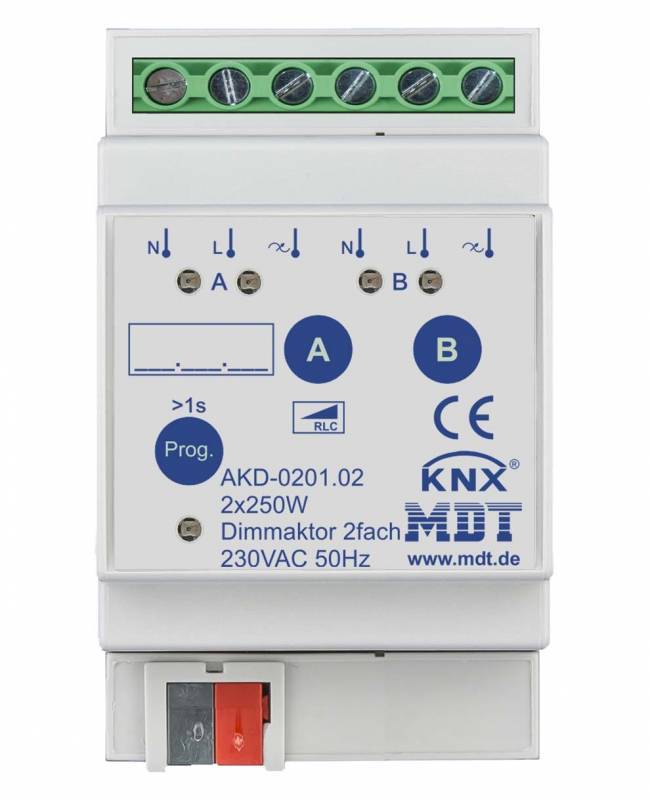 MDT AKD-0201.02 Dimmaktor 2fach 4TE REG 250W 230VAC m.Wirkleistungsmessung Install.Baumaterial KNX