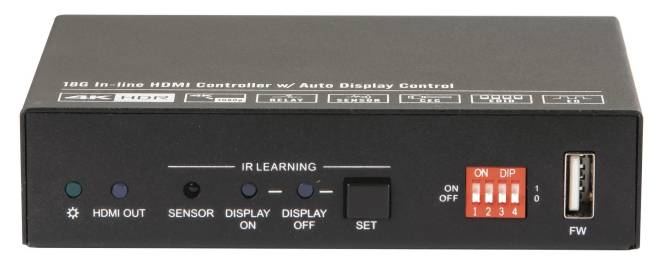 Ein schwarzes elektronisches Gerät mit Beschriftungen: „Controller mit automatischer Displaysteuerung