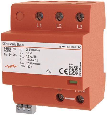 DEHNshield Basic' Überspannungsschutzgerät in rotem Gehäuse mit gekennzeichneten Anschlüssen L1, L2, L3. Der Text enthält Spezifikationen und die Modellnummer.
