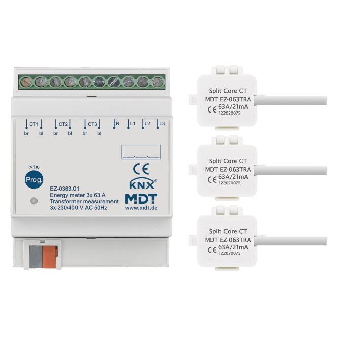 MDT Energiezähler 3-fach 63 A Wandlermessung, 4TE REG, 230/400 V AC Install.Baumaterial KNX