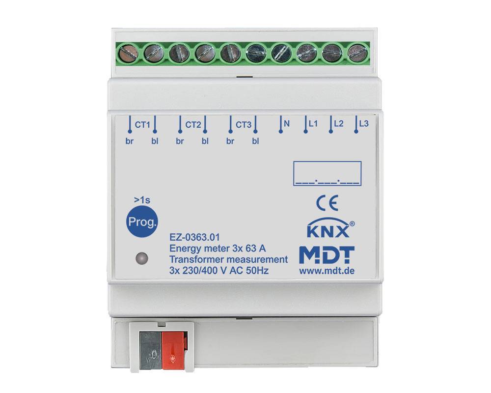 MDT EnergiezÃ¤hler 3-fach 63 A Wandlermessung, 4TE REG, 230/400 V AC Install.Baumaterial KNX