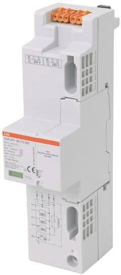 Ein weißes, auf DIN-Schiene montiertes Überspannungsschutzgerät von ABB mit technischen Spezifikationen auf der Vorderseite.