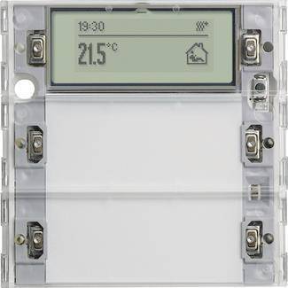 Das Thermostat-Display zeigt '21,5°C' und ein Haussymbol an, was die aktuelle Temperatur und die Hauseinstellung anzeigt.