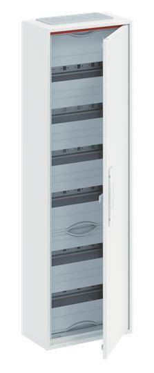 Weiße elektrische Verteilertafel mit mehreren Leitungsschutzschaltern und einer transparenten Tür, vertikal montiert.