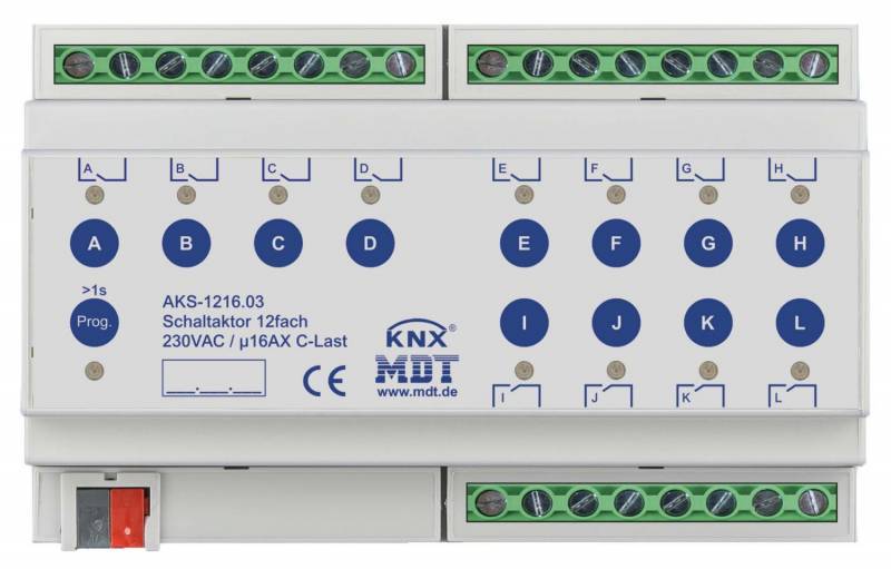 MDT AKS-1216.03 Schaltaktor 12fach 8TE REG 16A 230VAC C-Last Standard Install.Baumaterial KNX