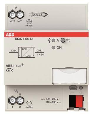 Ein ABB KNX DALI-Gateway mit Modellnummer DGS 1.64.1.1. Das Gerät zeigt DA+, DA-, Stromversorgungsindikatoren und Spezifikationen für Spannung und Stromstärke.