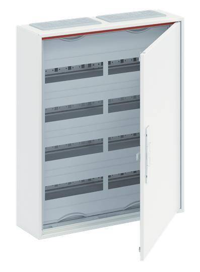 Elektrisches Verteilerpanel mit mehreren leeren Reihen für Leitungsschutzschalter, Tür teilweise geöffnet, in einem weißen Metallschrank dargestellt.