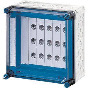 Elektrische Verteilerdose mit grauem und blauem Gehäuse, mit mehreren Schalterplätzen, die in Reihen angeordnet sind.