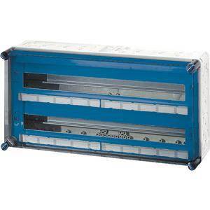 Ein leeres blau-weißes Elektroverteiler-Gehäuse mit mehreren Schlitzen, konzipiert zur Aufnahme von Leitungsschutzschaltern oder anderen elektrischen Komponenten.