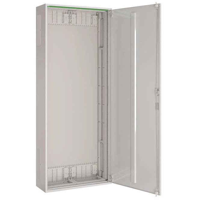 Ein offener, hoher Metall-Elektroschrank mit leerem Innenraum, bereit für die Ausrüstungsinstallation. Die Tür ist transparent und zeigt den inneren Raum.