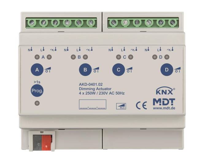 MDT AKD-0401.02 Dimmaktor 4fach 8TE REG 250W 230VAC m.Wirkleistungsmessung Install.Baumaterial KNX