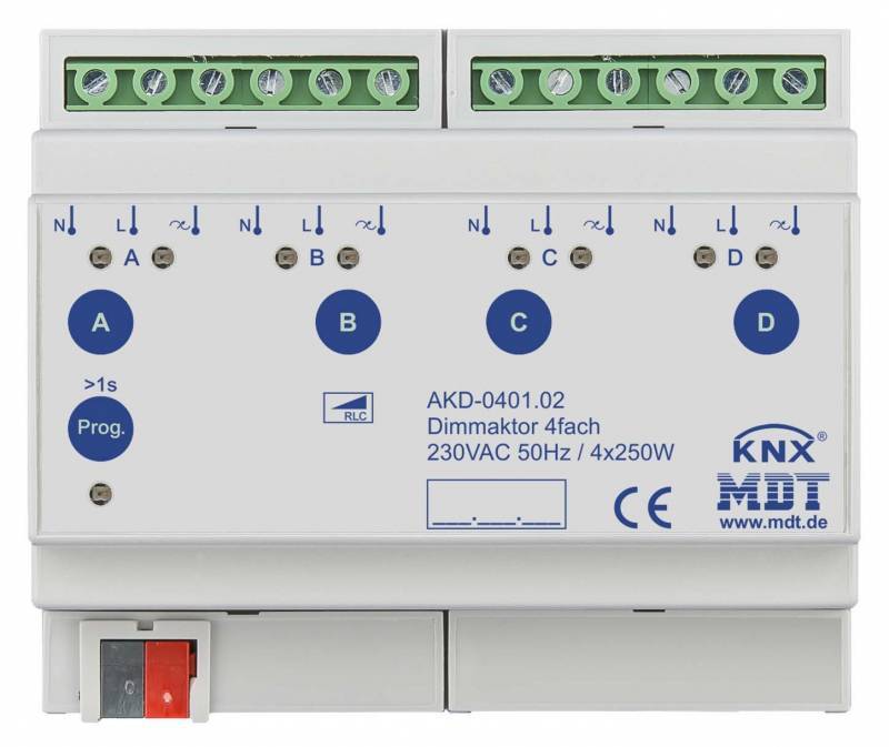 MDT AKD-0401.02 Dimmaktor 4fach 8TE REG 250W 230VAC m.Wirkleistungsmessung Install.Baumaterial KNX