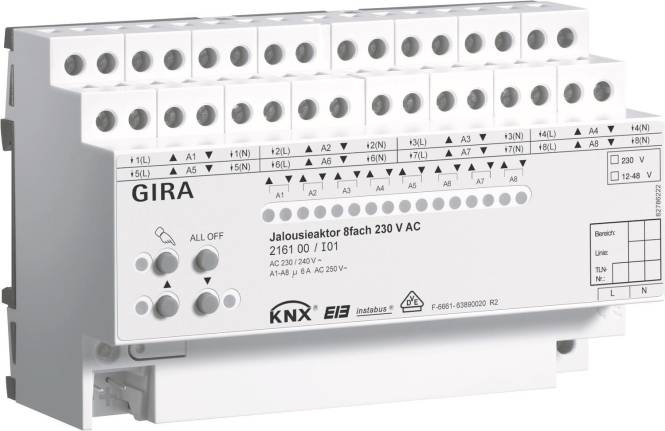 Jalousieaktor KNX MDT JAL-0410M.02, 230V AC / 8A, mit Anschlussanschlüssen und Programmiertaste.
