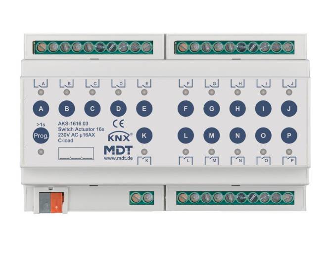 MDT AKS-1616.03 Schaltaktor 16fach 8TE REG 16A 230VAC C-Last Standard Install.Baumaterial KNX