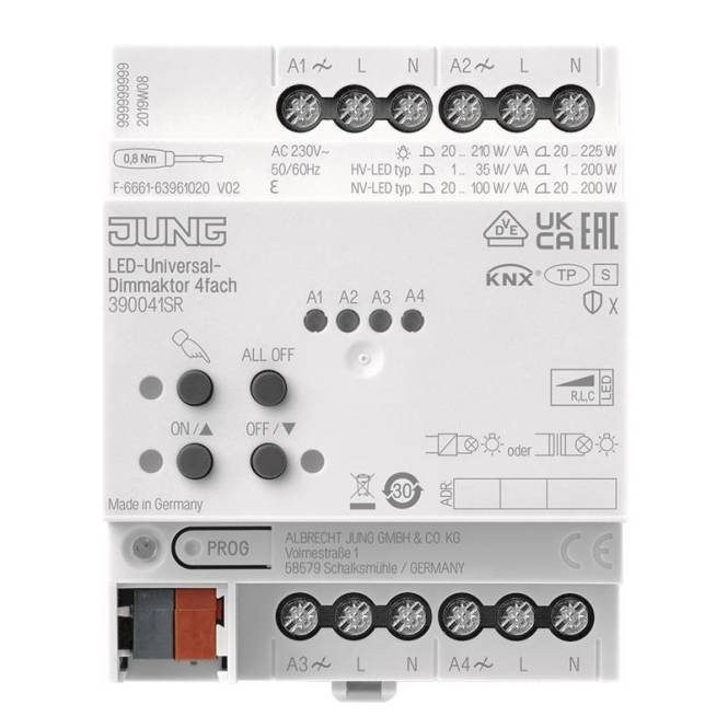 JUNG LED Universal Dimmbar 4-Kanal Aktor, Modell 39004SR, mit beschrifteten Anschlussports und Tasten zur Lichtsteuerung.