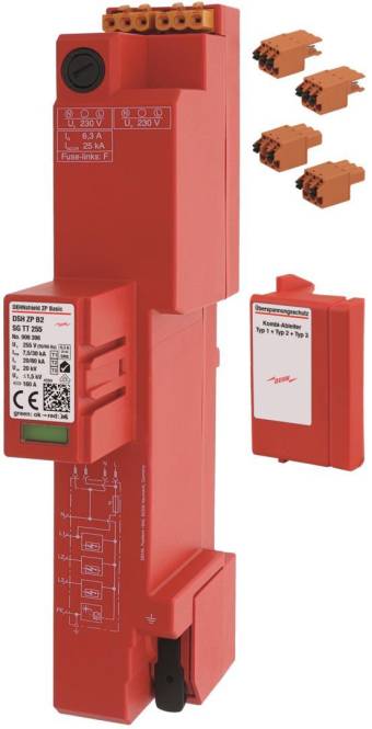 Roter elektronischer Sicherheitsschalter mit verschiedenen beschrifteten Teilen, mit QR-Code und technischen Details auf der Vorderseite.