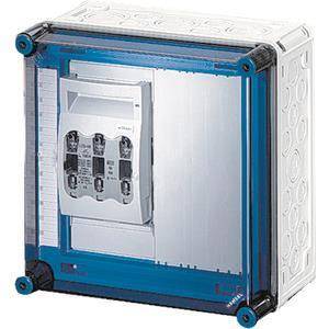 Verteilerkasten mit transparenter Abdeckung, der interne Schutzschalter zeigt, die in einem Paneel angeordnet sind.