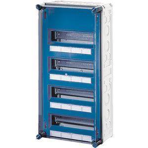 Ein Elektroverteilkasten mit mehreren leeren Plätzen für Leitungsschutzschalter, mit blauem Innenraum und weißem Außengehäuse.