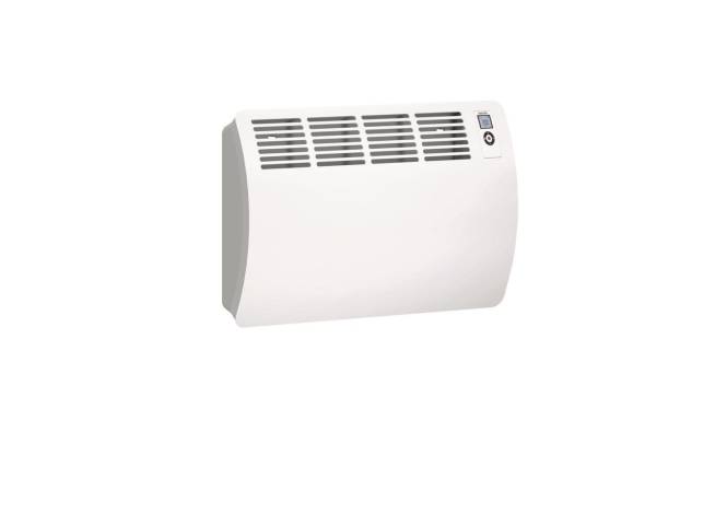 Ein wandmontierter weißer Heizer mit digitalem Display und Kontrolltasten. Er verfügt über ein belüftetes Design für die Luftzirkulation.