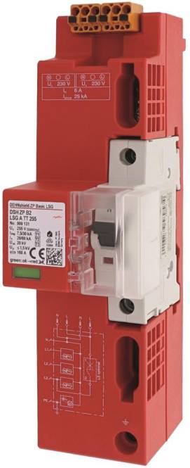 Überspannungsschutzgerät mit roter Grundplatte und weißem Modul mit der Bezeichnung 'DEHNshield ZP Basic LSG'. Merkmale technische Spezifikationen und Symbole.