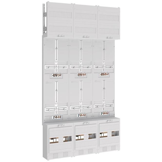 Großes, weißes Stromverteilungsschaltschrank mit sechs vertikalen Abschnitten, mit mehreren Schlitzen und Anschlüssen für Leistungsschalter.