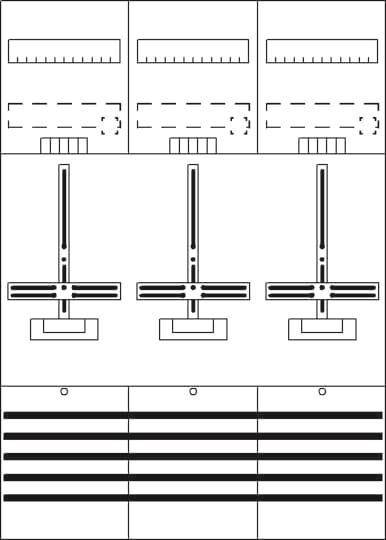 Drei identische vertikale Strukturen mit parallelen horizontalen Linien stapeln sich zentral, umgeben von gepunkteten Kästchen oben und durchgezogenen Linien unten.