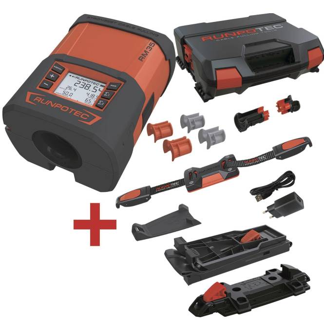 Rot-schwarzes Kabelzugsystem mit Zubehör und Ladegerät. Enthält digitales Display, verschiedene Adapter und Verlängerungsstab.