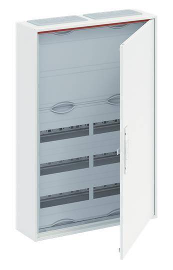 Weißer Elektroschrankschrank mit transparenter Tür, die Reihen von Schutzschaltern zeigt.