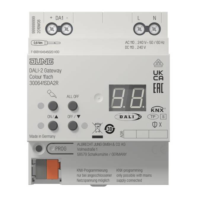 »JUNG DALI-2 Gateway, Farbe 11fach Modell 3006 41SDA2R. Zu den Funktionen gehören Schaltflächen zur Steuerung, LED-Display, Spannungsinformation 110-240V.«