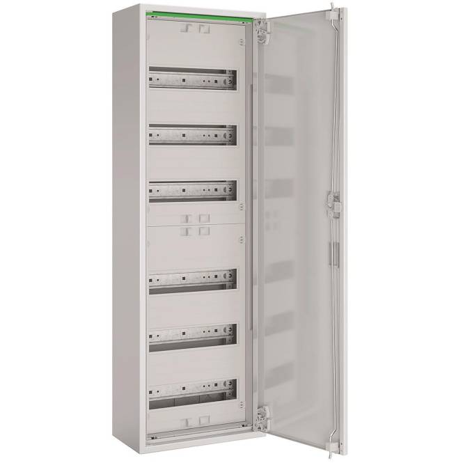 Ein offener elektrischer Verteilerschrank mit leeren Plätzen für Leitungsschutzschalter. Der Schrank ist groß und aus Metall mit einer transparenten Tür.