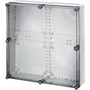 Ein transparenter rechteckiger Behälter mit sichtbaren Schrauben an den Ecken, mit unterteilten Paneelen und einer glatten, klaren Oberfläche.