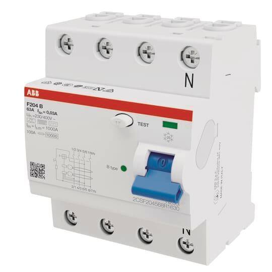 Ein Leistungsschalter mit drei Ein-/Ausgangsanschlüssen, Testschaltfläche und Kennzeichnung mit Modell und Spezifikationen.