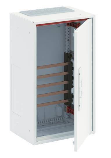 Ein offener Stromverteilerschrank mit Kupferbusschienen wird gezeigt. Der Schrank ist leer und hebt seine innere Struktur hervor.