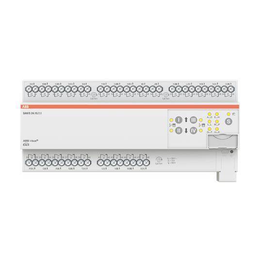 ABB-Schalttafel mit beschrifteten Anschlussanschlüssen und Anzeigeleuchten, die für die elektrische Verwaltung und Automatisierungssysteme konzipiert ist.