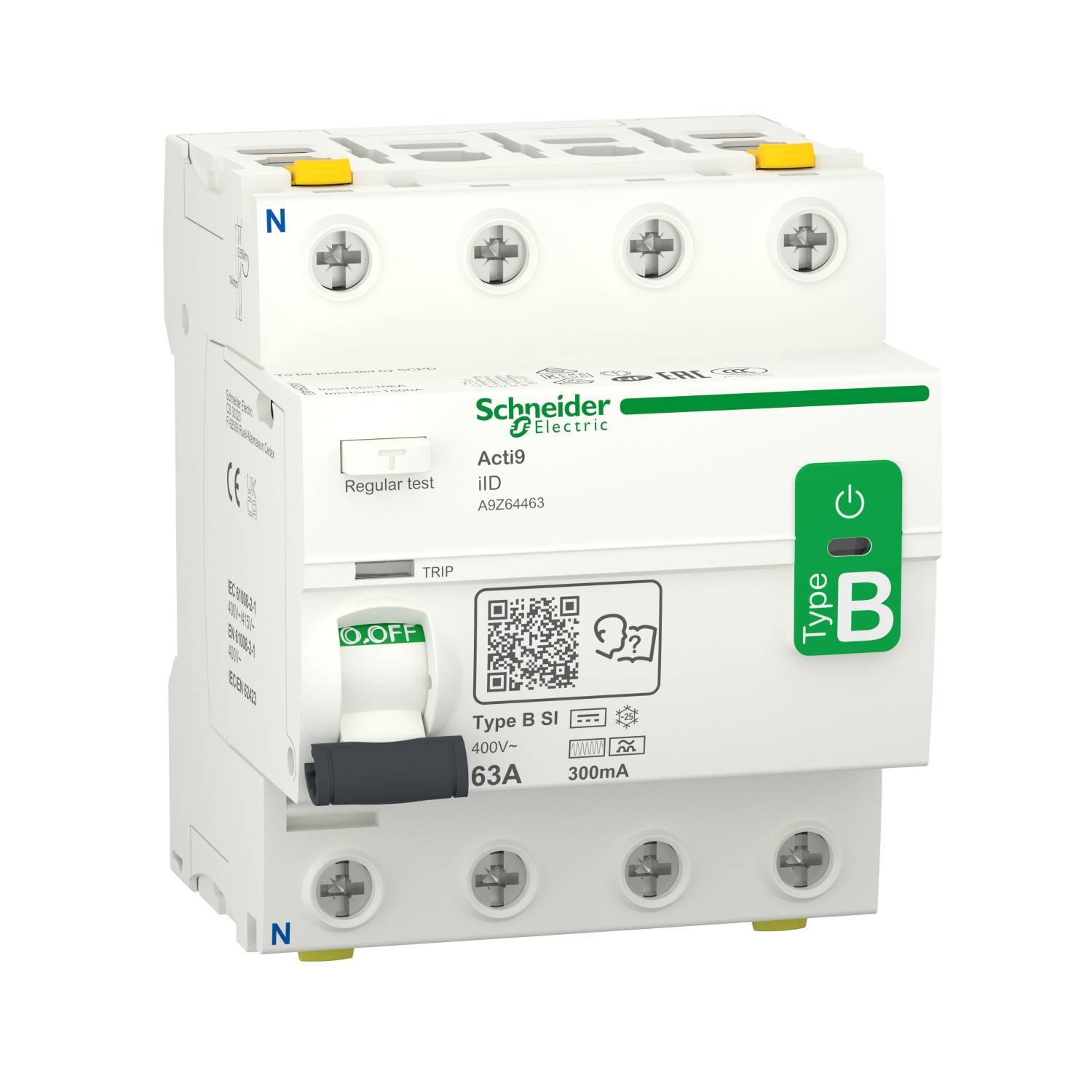 Schneider FI-Schalter 4P 63A A9Z64463 300mA IID TYP B-SI Allstromsensitiv Install.Baumaterial