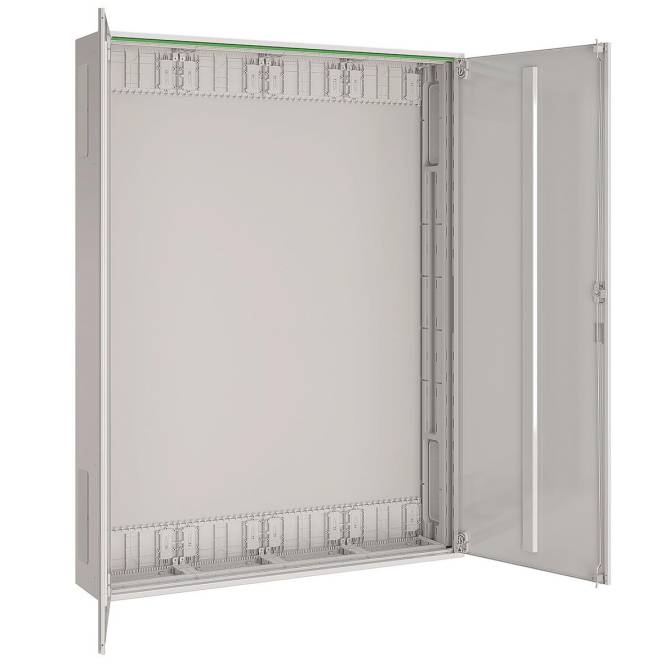 Metallbox mit offener Tür, zeigt leeres Inneres mit Schlitzen zur Organisation von Kabeln oder elektrischen Komponenten; wandmontierte Ausführung.