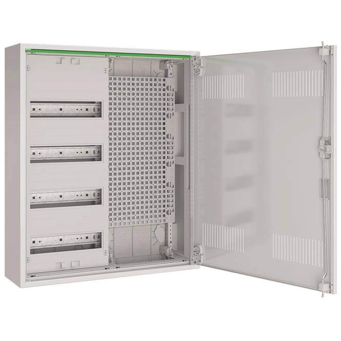 Ein offenes elektrisches Schaltschrank mit mehreren Reihen für Leitungsschutzschalter, die leere Plätze zur Installation zeigen.