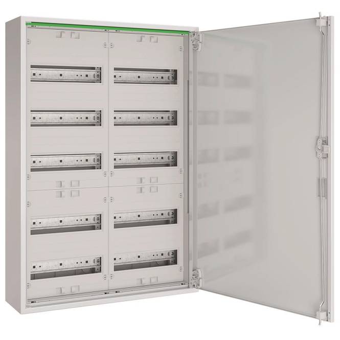 Verteilerpanel mit offener transparenter Tür, das mehrere leere Plätze für Leitungsschutzschalter zeigt.