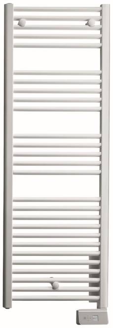 Das Bild zeigt einen weißen, vertikalen Handtuchheizkörper mit mehreren horizontalen Stangen, der zum Heizen und Trocknen von Handtüchern im Badezimmer geeignet ist.