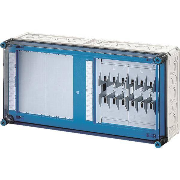 Rechteckige elektrische Verteilerdose mit mehreren Anschluss­punkten, in einer transparenten Abdeckung eingefasst, konzipiert für modulare Montage.