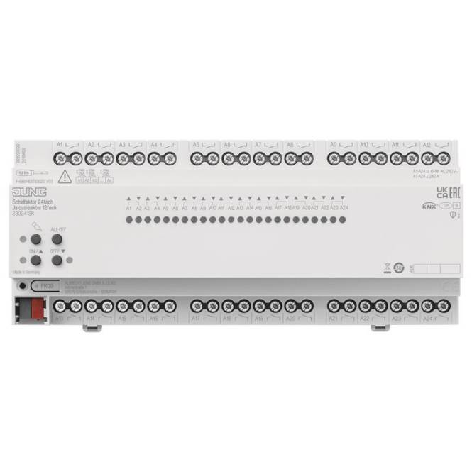 Ein weißer KNX-Aktor-Schalter mit mehreren beschrifteten Anschlussanschlüssen und Anzeigelampen wird gezeigt.